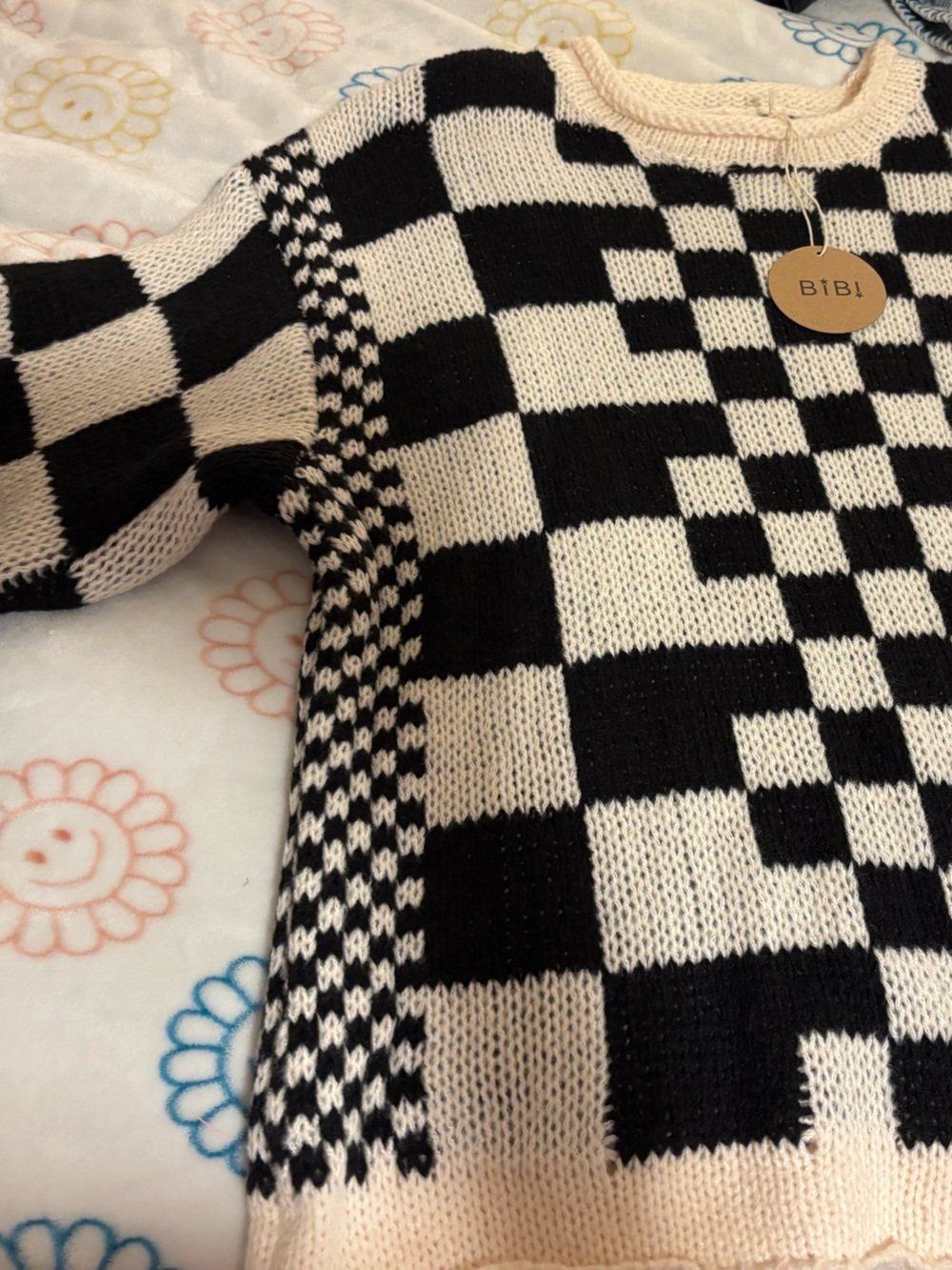 BiBi Black and Cream Checkerboard Crewneck Sweater